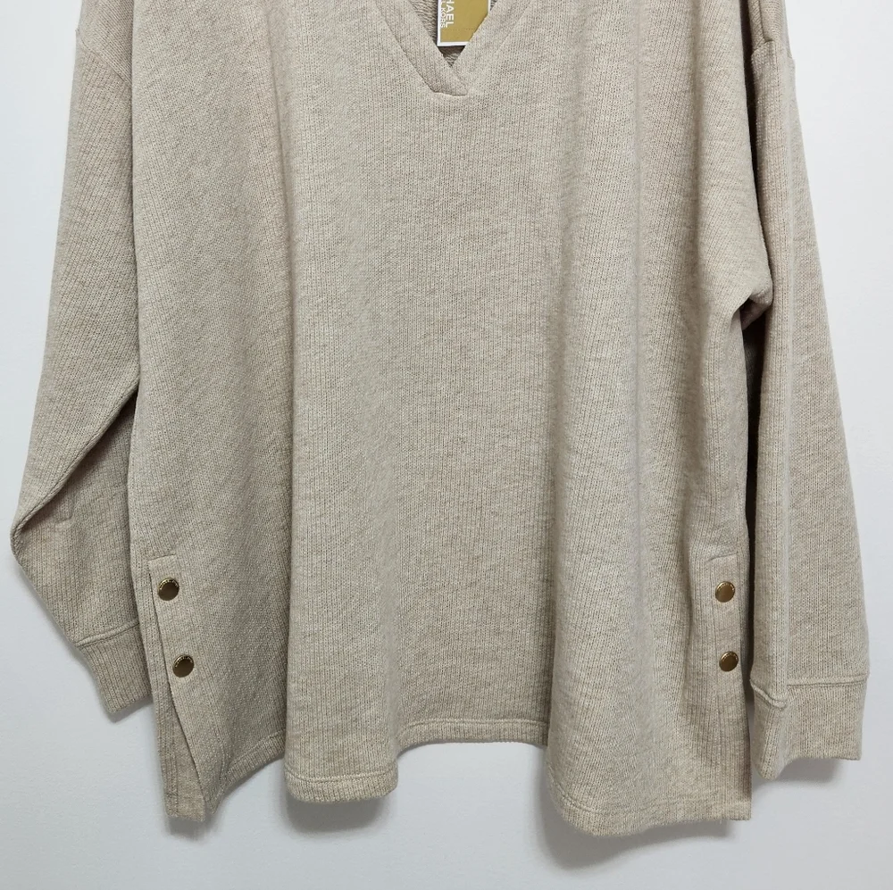 Michael Kors NWT Womens V-Neck ‎ Sweater Jumper Cotton MSRP $110 Cozy Beige 1X